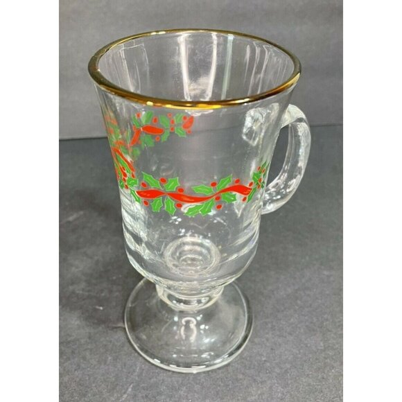 Vintage Libby Christmas Holly Berries Footed Irish Coffee Mug Set of 2 Gold Rim - Picture 5 of 10